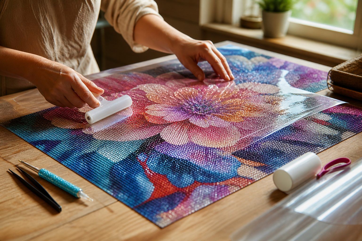 Collez, fixez et protégez un diamond painting terminé