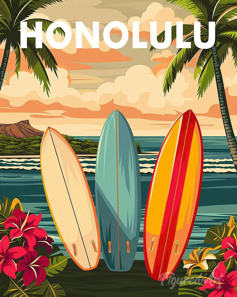 Broderie diamant Affiche de voyage Honolulu - 40x50 cm