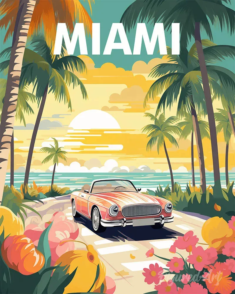 Broderie diamant Affiche de voyage Miami au coucher du soleil - 20x25 cm