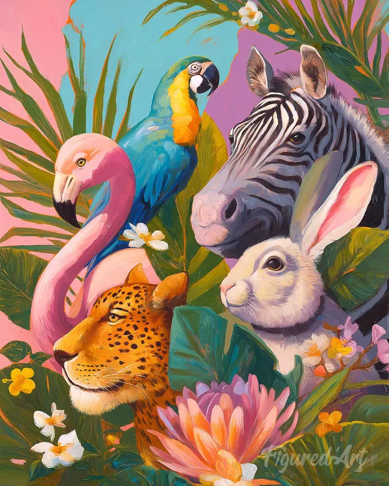 Broderie diamant Amis de la jungle - Léopards et oiseaux tropicaux