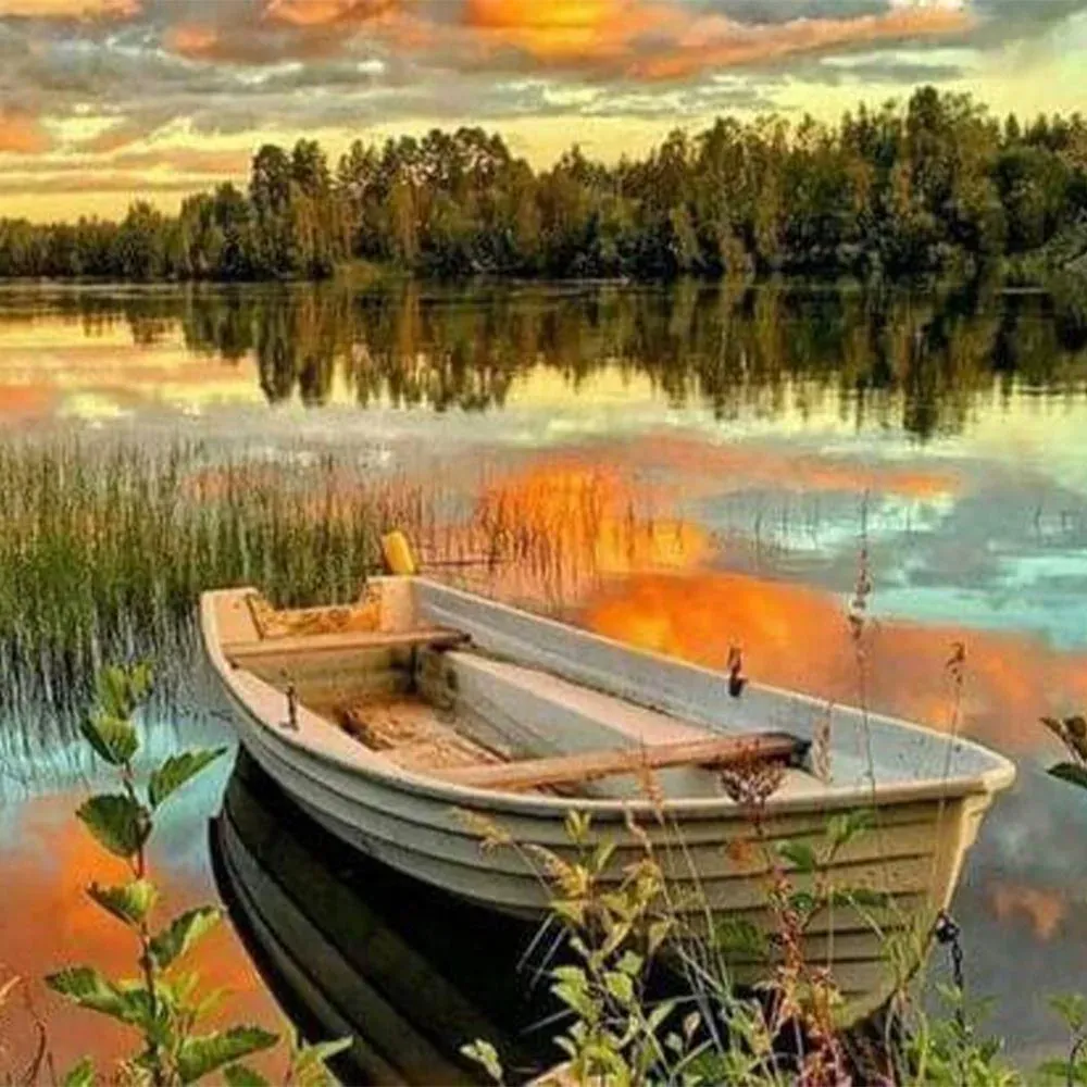 Broderie diamant Barque sur Lac