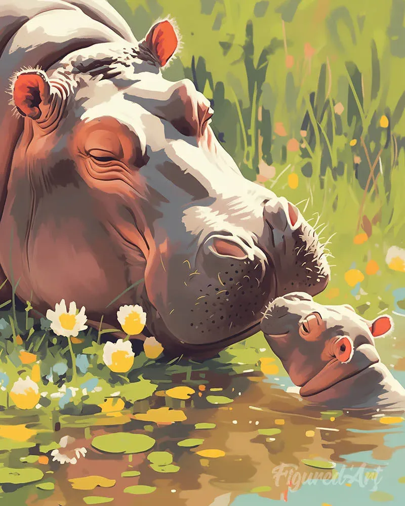Broderie diamant Bébé Hippopotame embrassant sa Maman