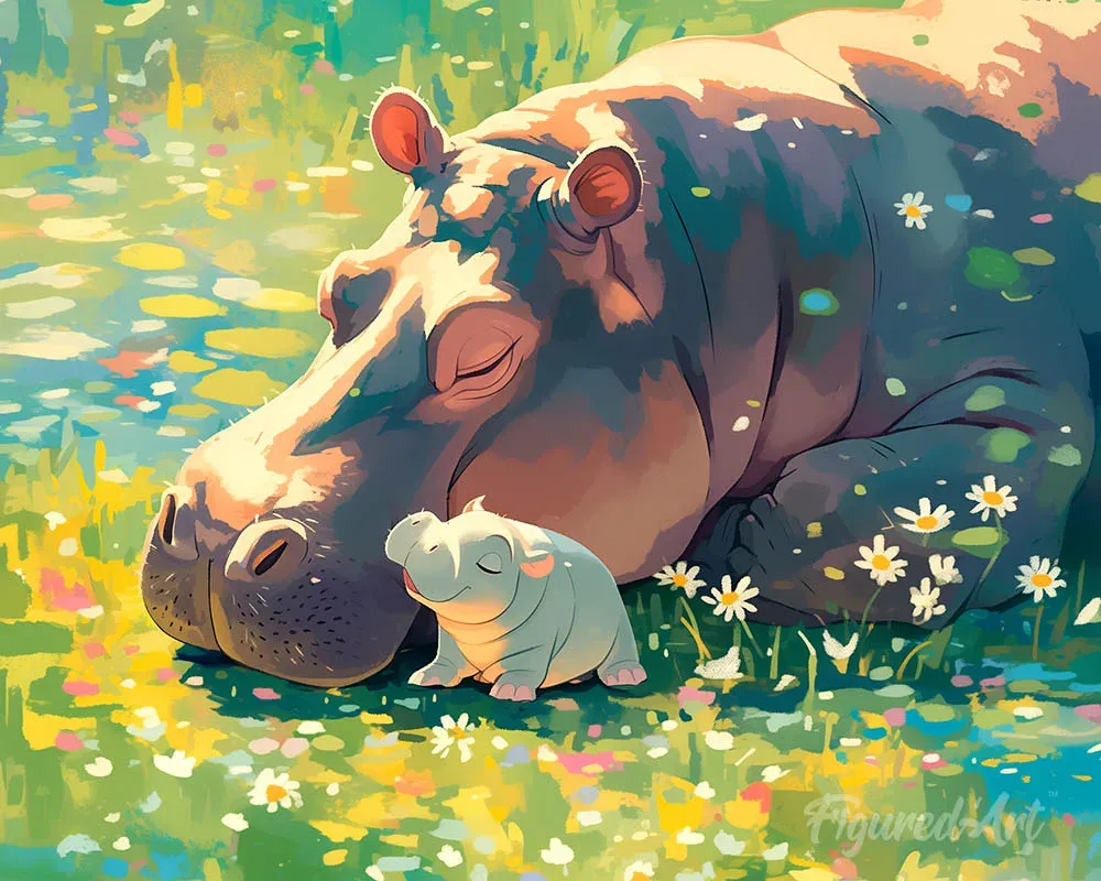 Broderie diamant Bébé Hippopotame et sa Maman