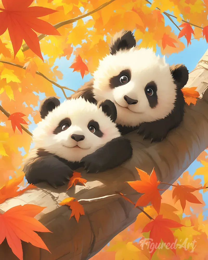 Broderie diamant Bébés Pandas en Automne