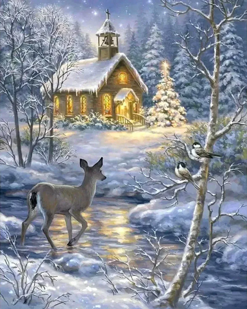 Broderie diamant Biche traversant la rivière en Hiver