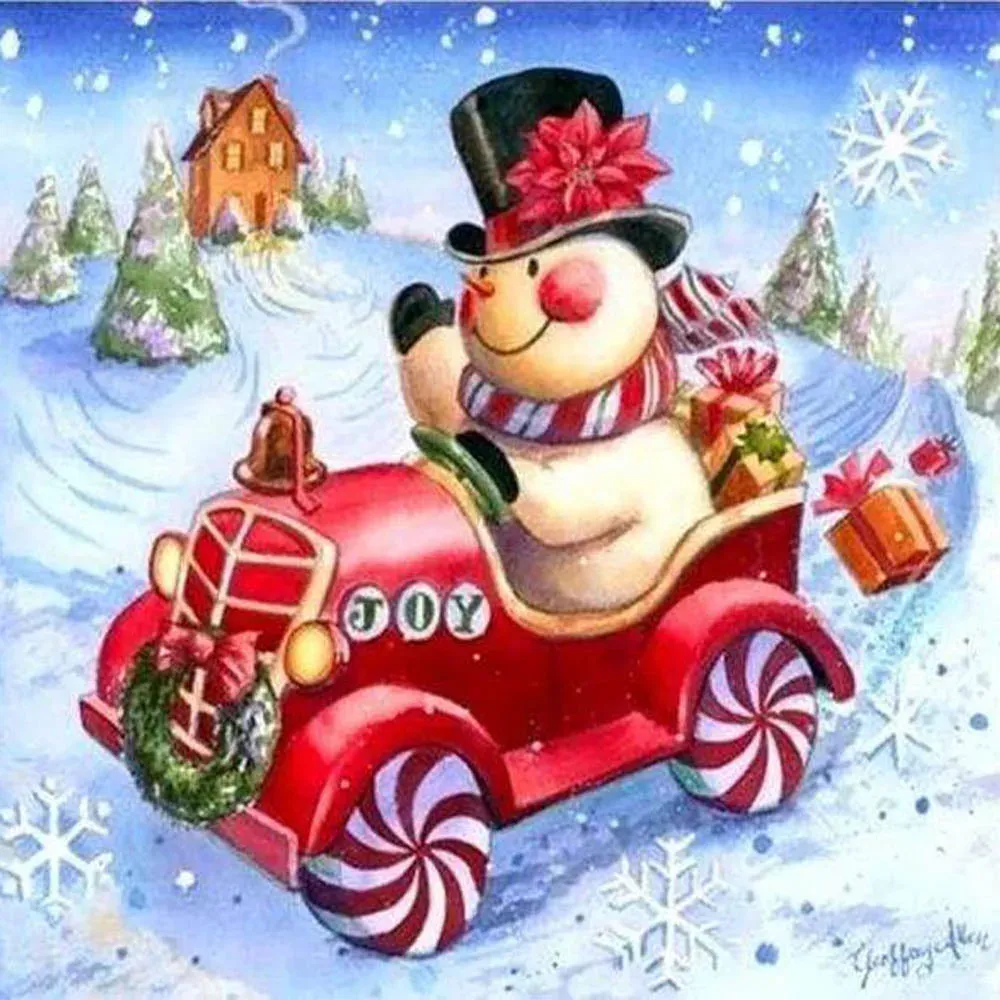 Broderie diamant Bonhomme de Neige dans sa Voiture