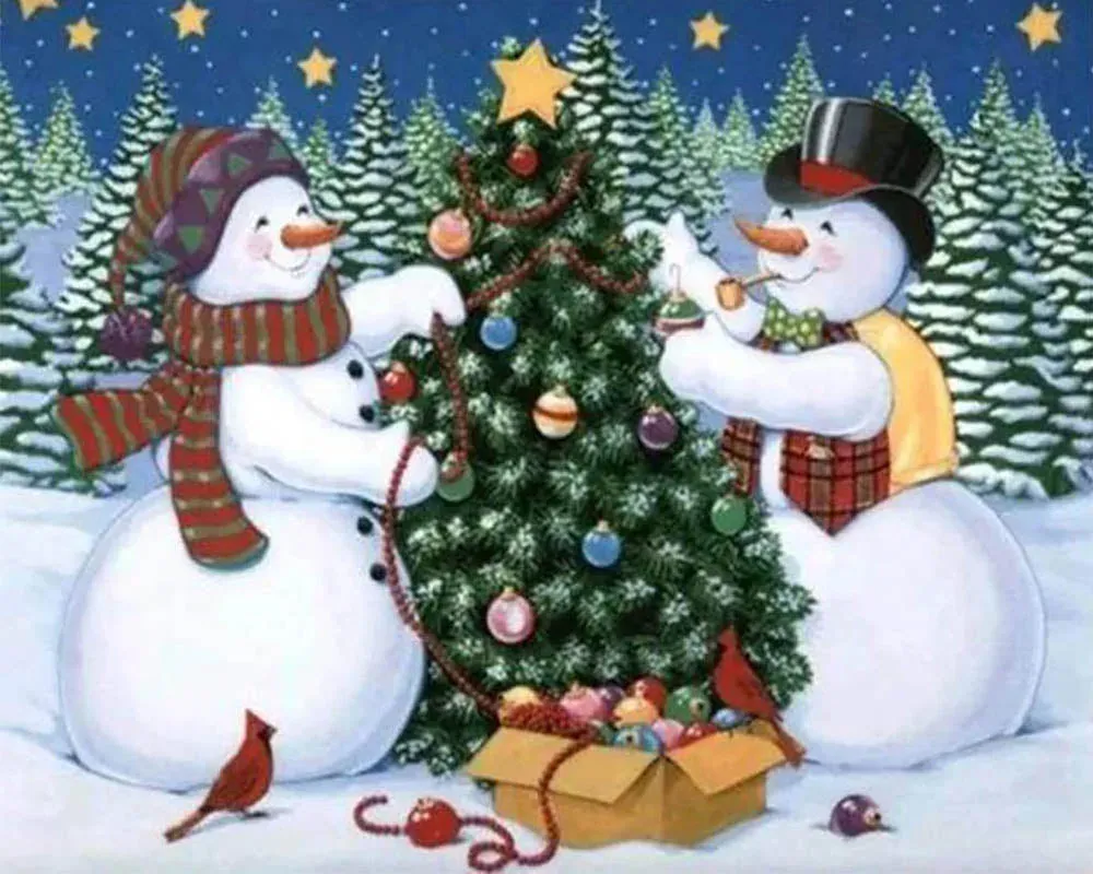 Broderie diamant Noël : Bonhommes de Neige et sapin scintillant