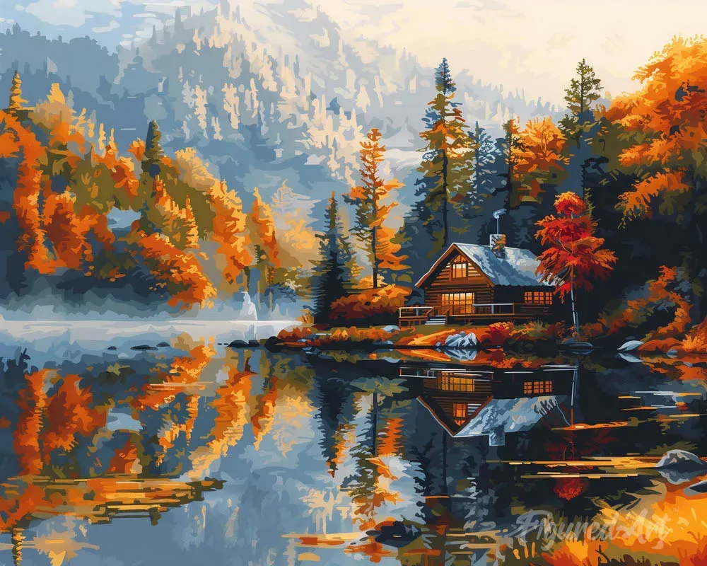 Broderie diamant Cabane au bord du Lac en Automne - 40x50 cm