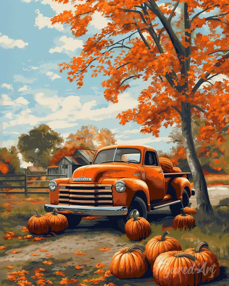 Broderie diamant Camion vintage en Automne