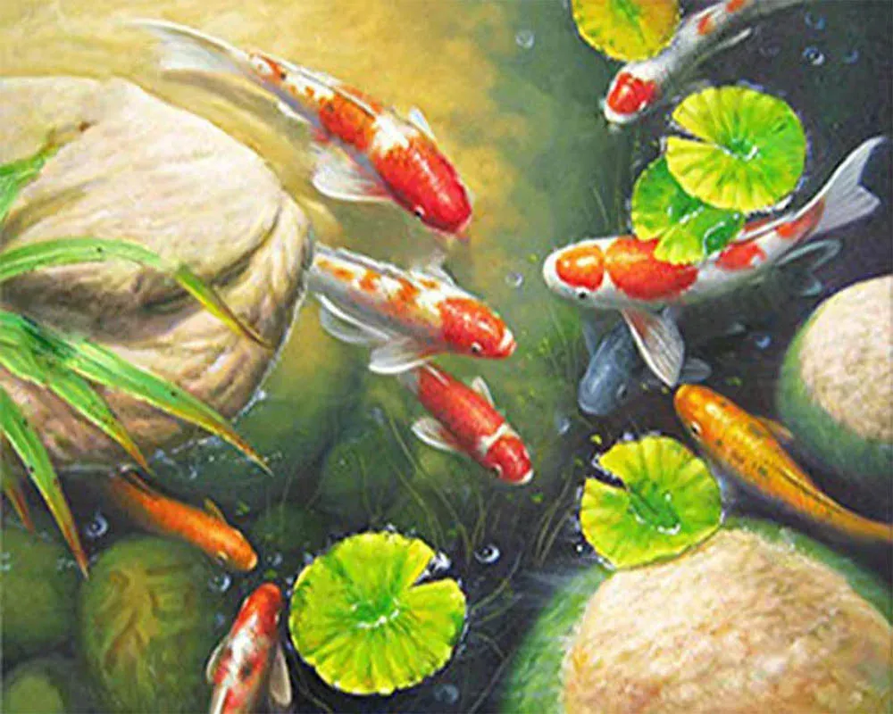 Broderie diamant Carpes Koi dans un bassin - Élégance aquatique à créer