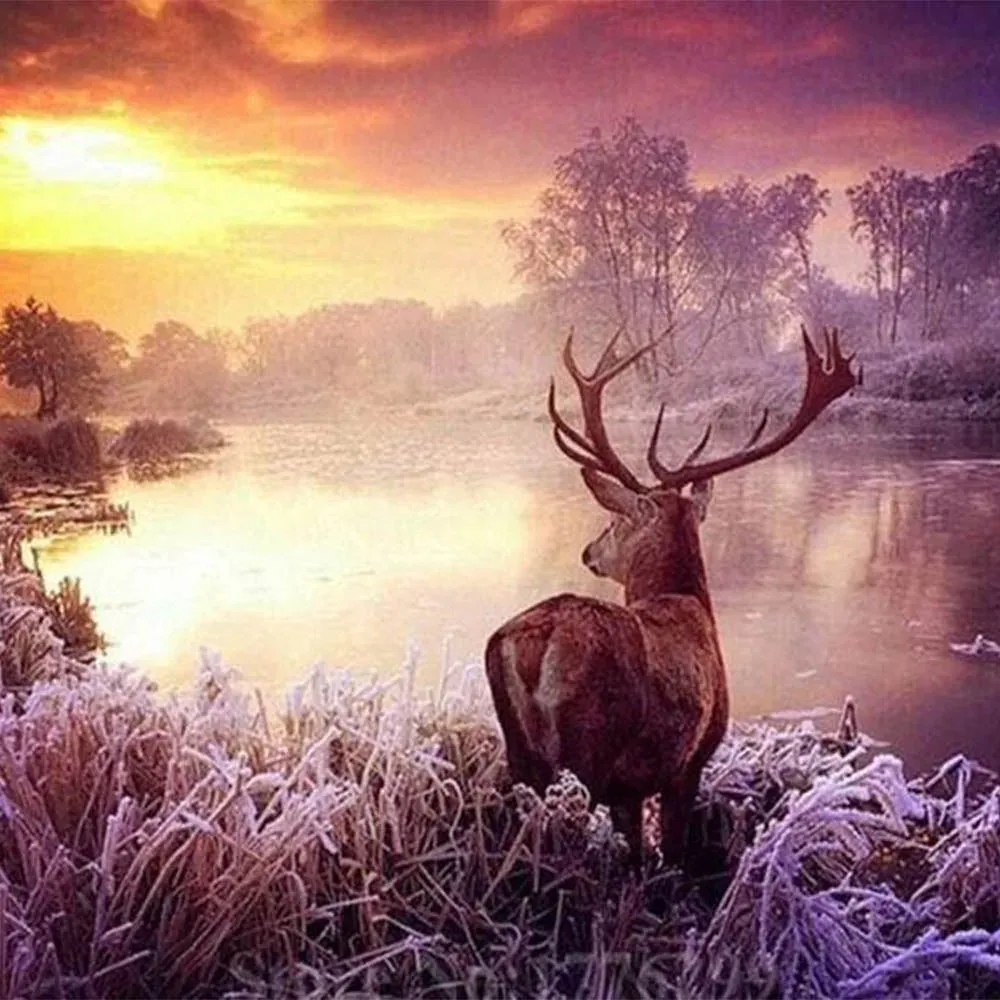 Broderie diamant Cerf au bord de l'Eau - Paysage animalier poétique