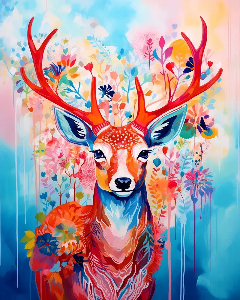 Broderie diamant Cerf coloré parmi les fleurs - Mille Facettes