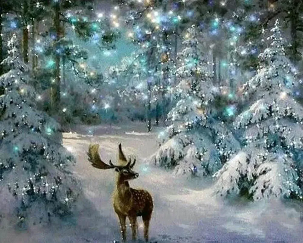 Broderie diamant Cerf en Hiver - Paysage animalier et neige scintillante