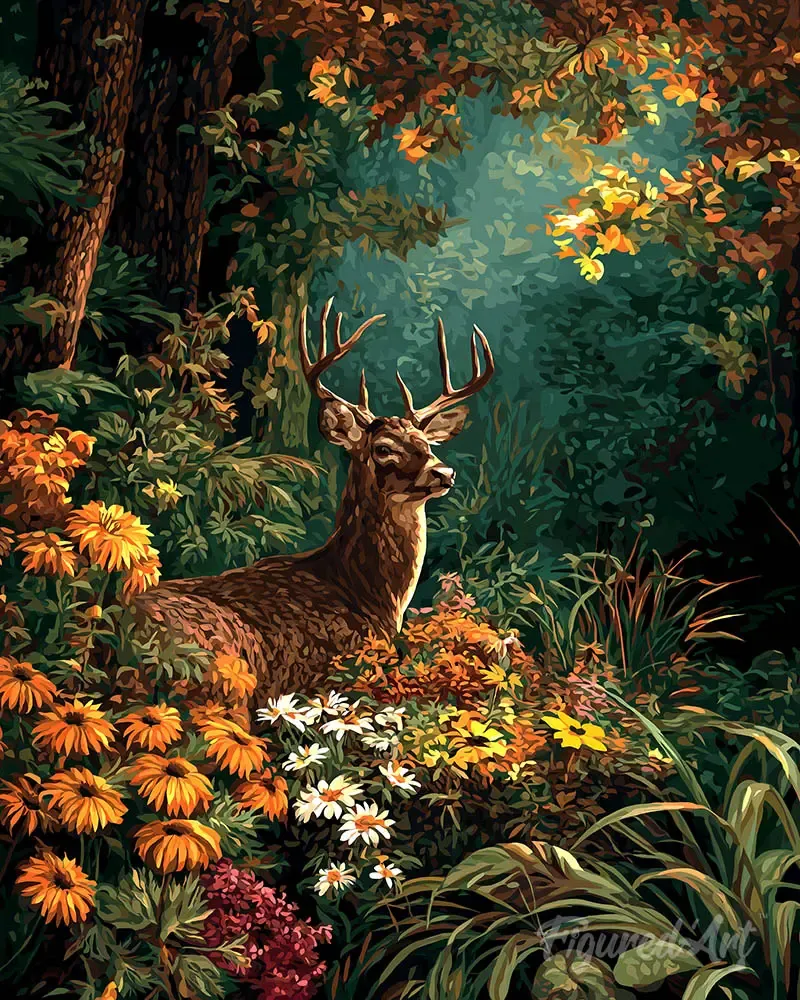 Broderie diamant Cerf parmi les fleurs d'automne