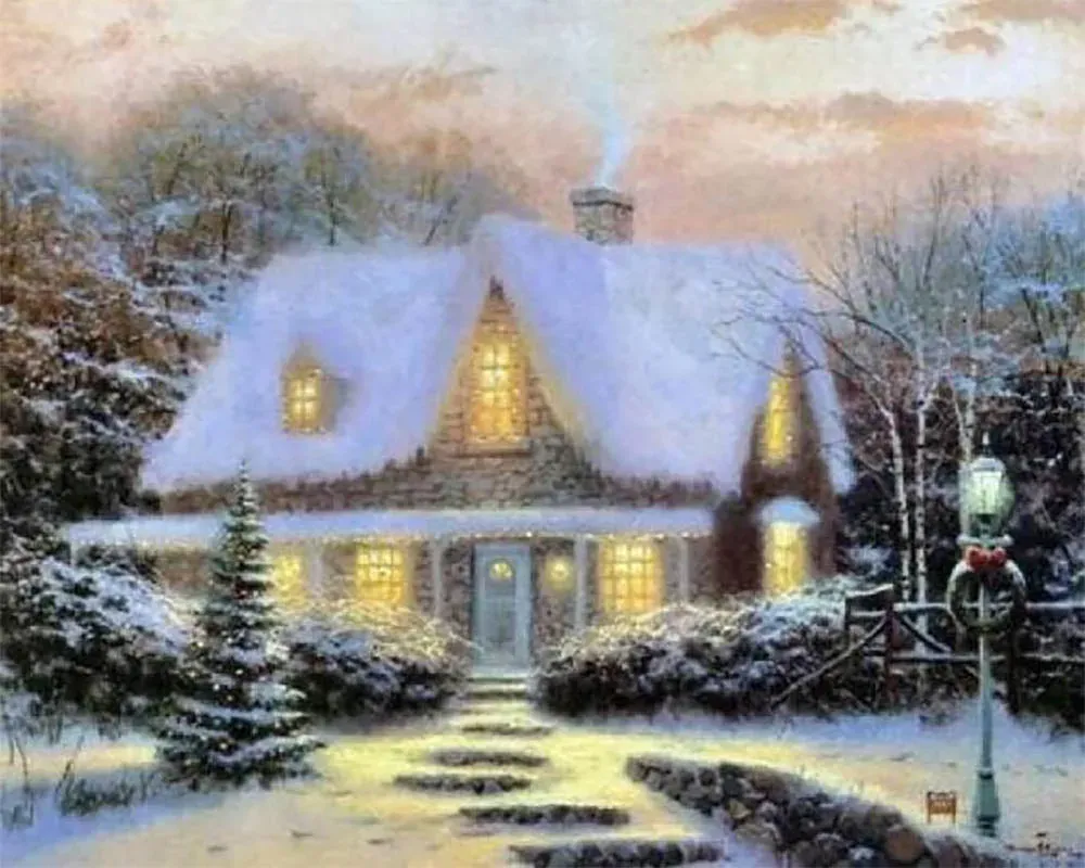Broderie diamant Chalet Hivernal sous la neige