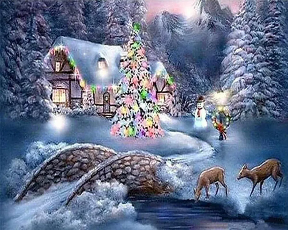 Broderie diamant Chalet Hivernal