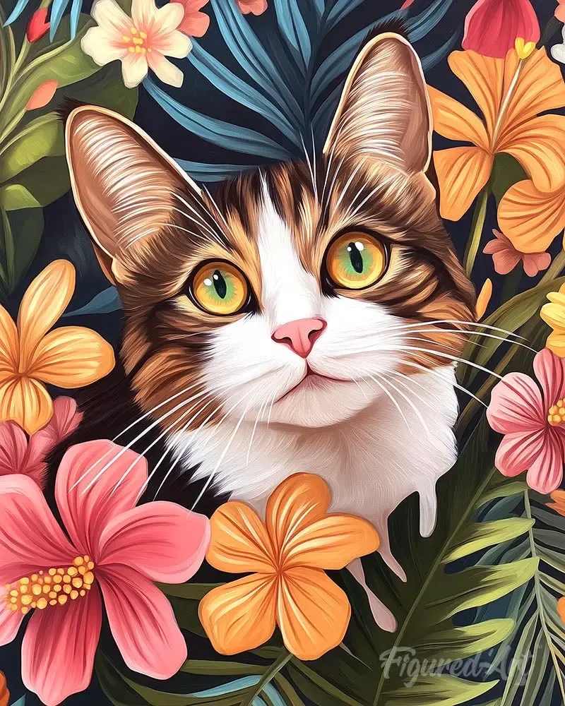 Broderie diamant Chat avec fleurs tropicales