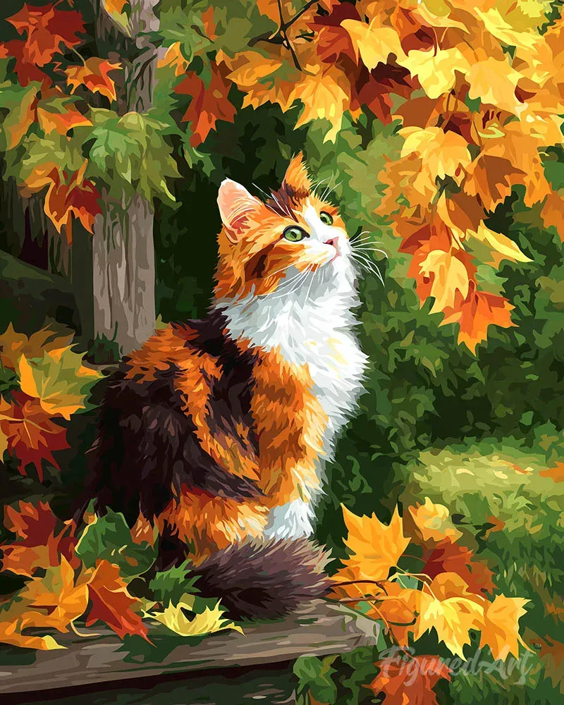 Broderie diamant chat calico dans un décor automnal