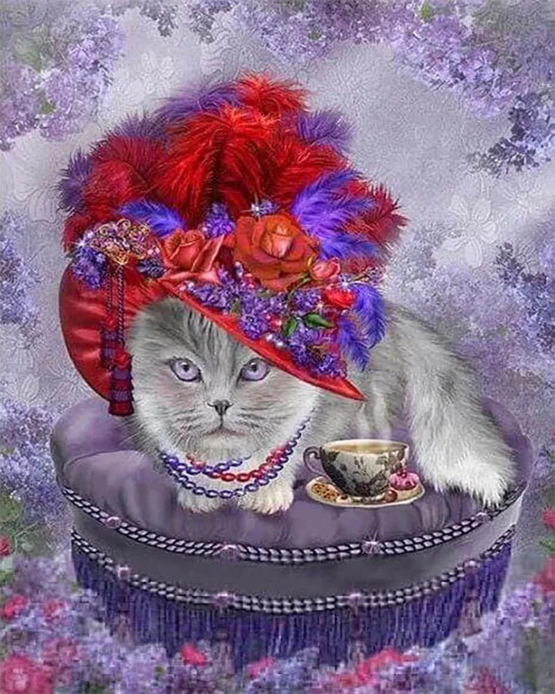 Broderie diamant Chat collier et Chapeau