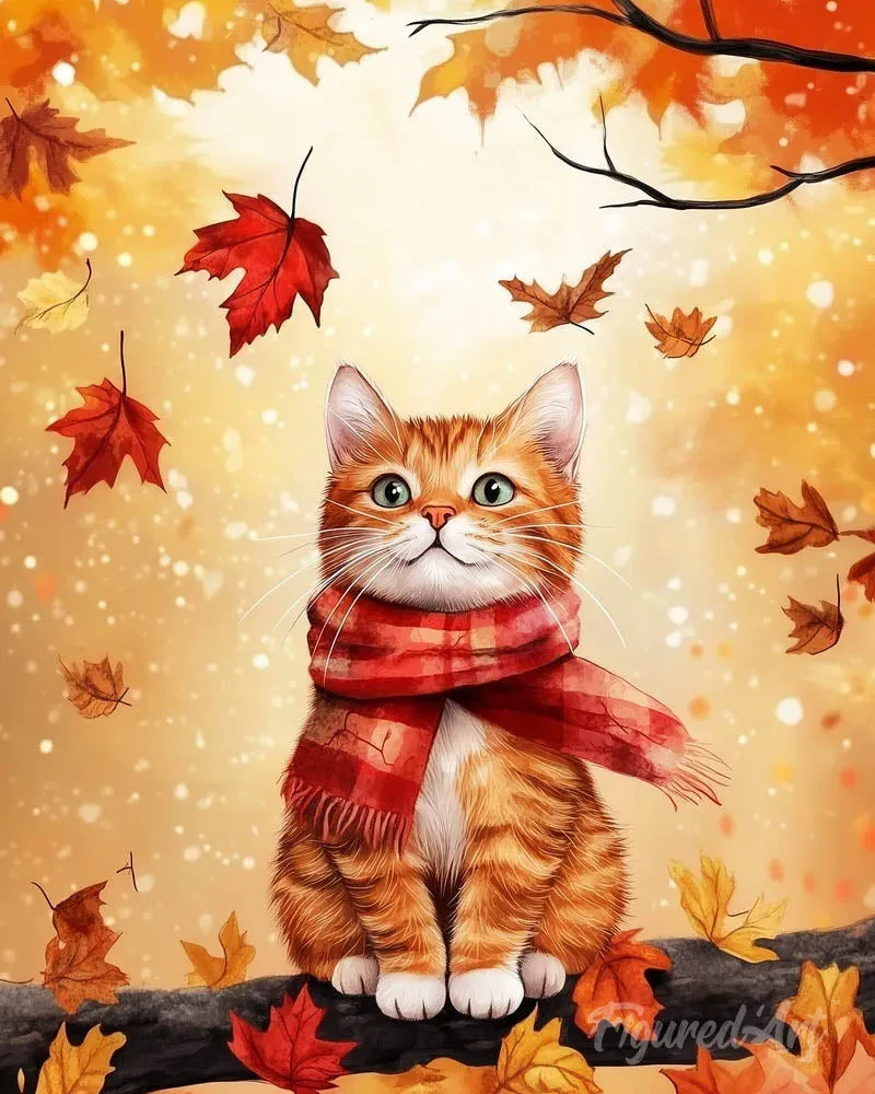 Broderie diamant Chat en Automne - Douceur et couleurs d'octobre