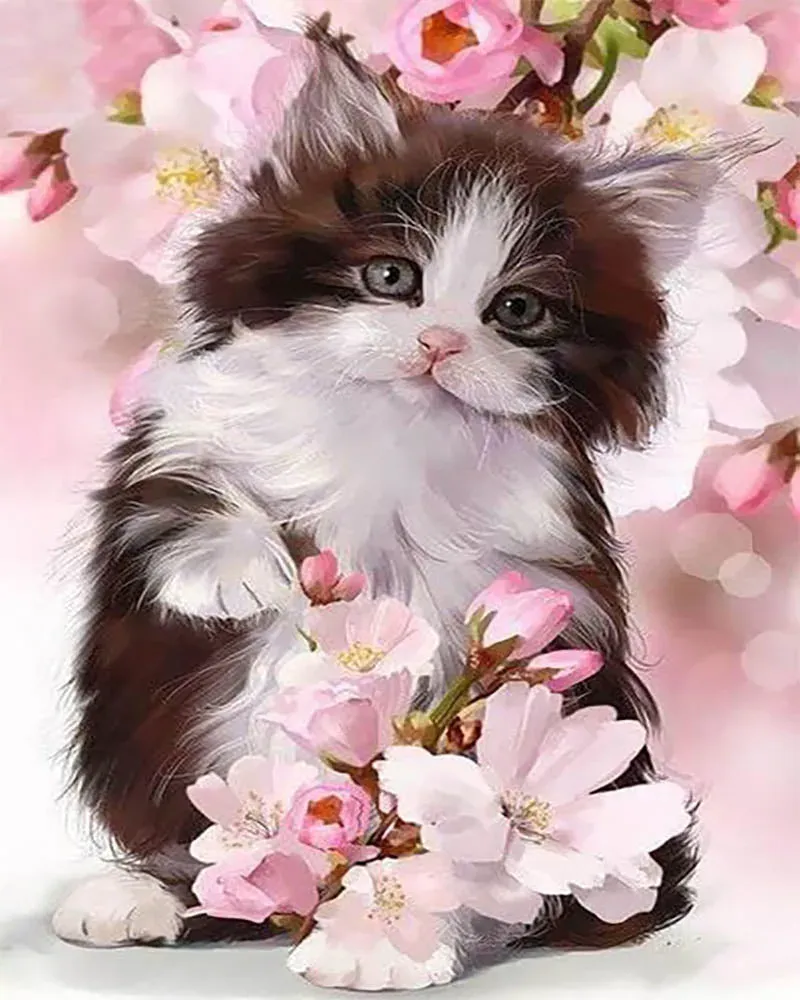 Broderie diamant Chat et Fleurs - Élégance féline et douceur florale