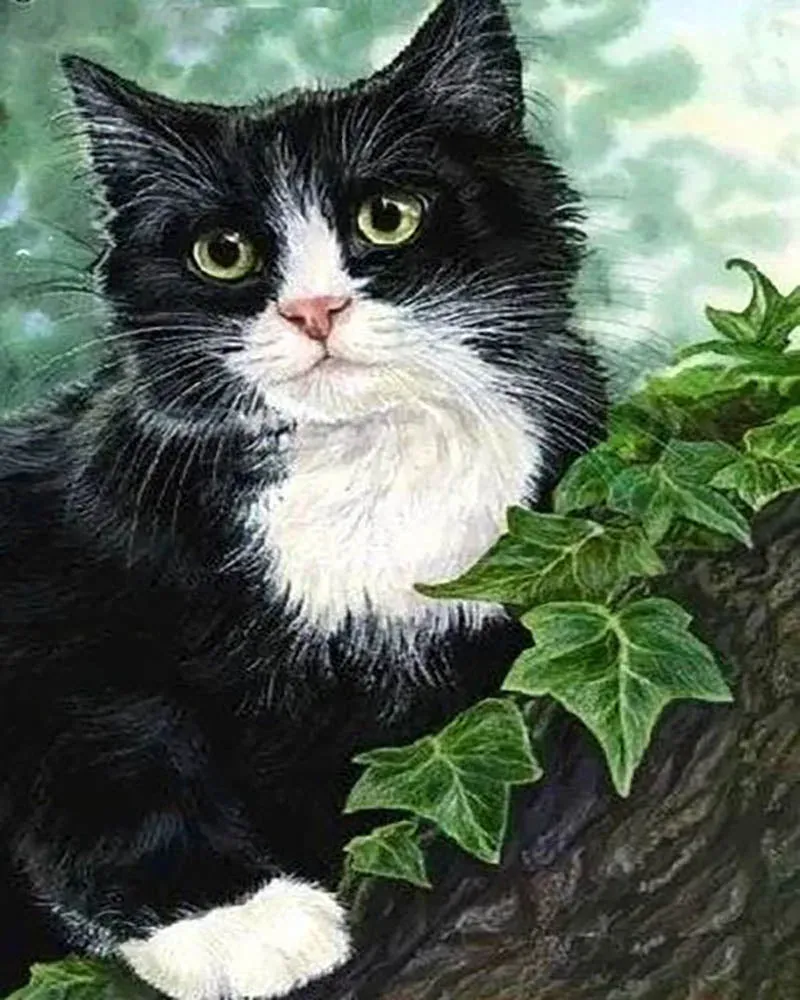 Broderie diamant Chat et Lierre - Élégance féline dans un écrin végétal