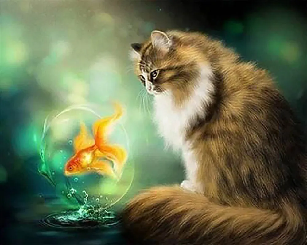 Broderie diamant Chat et Poisson Rouge - Mille Facettes