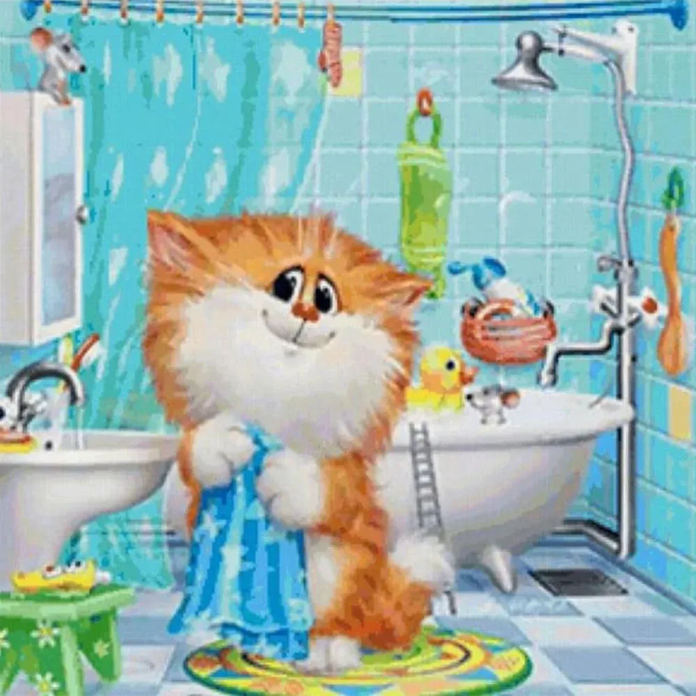 Broderie diamant Chat fait sa toilette