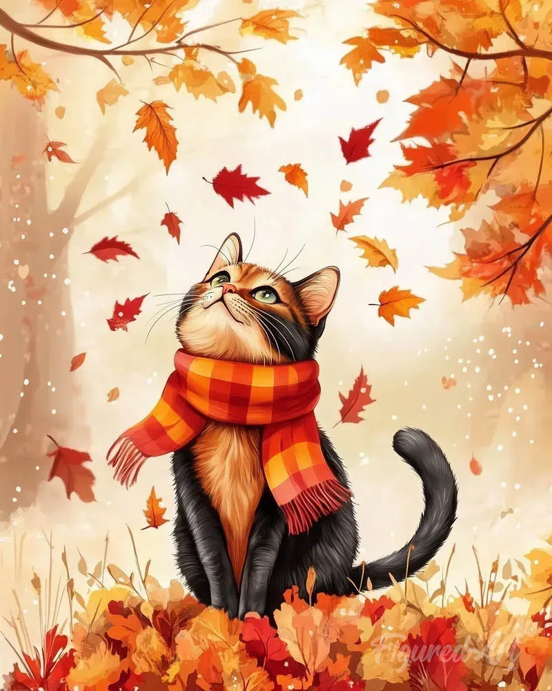 Broderie diamant Chat joueur en Automne - 20x25 cm