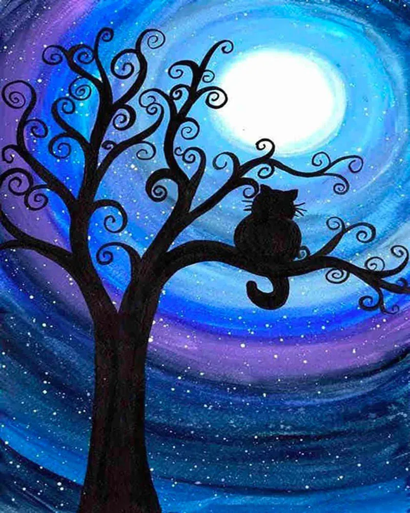 Broderie diamant Chat la nuit sur une Branche