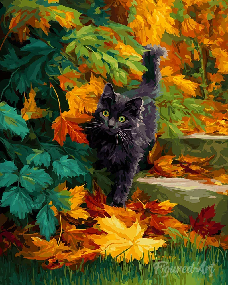 Broderie diamant Chat noir en automne - Mille Facettes