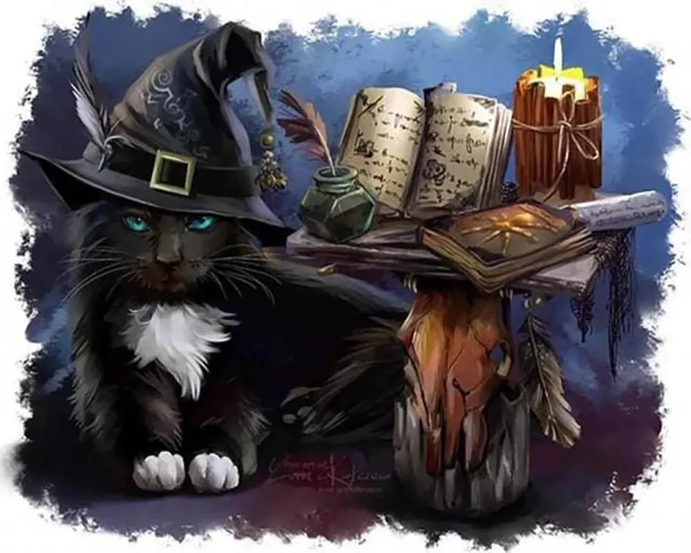 Broderie diamant Chat sorcier - Fantaisie féline et magie en diamants