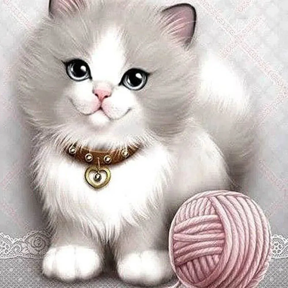 Broderie diamant chaton et pelote de laine - Mignonnerie féline