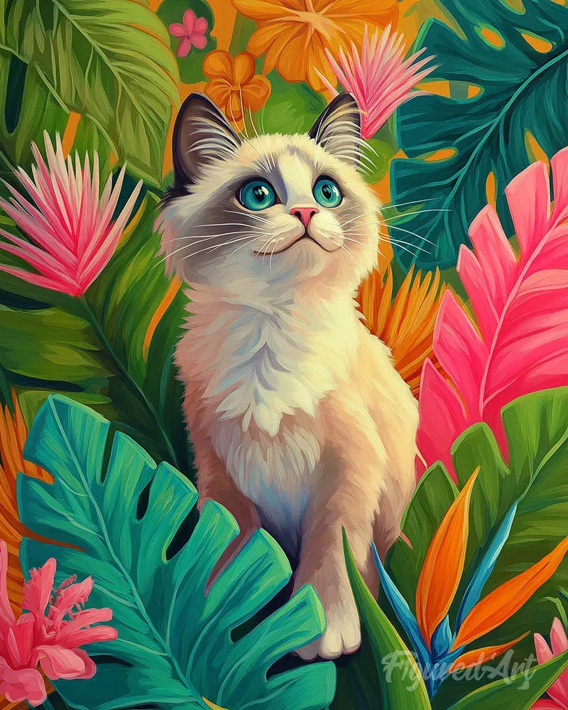 Broderie diamant Chaton Ragdoll dans une jungle tropicale