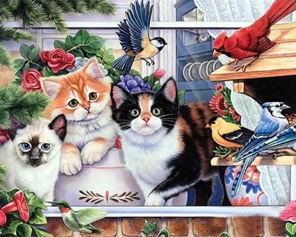 Broderie diamant Chats et Oiseaux - Scène animalière élégante