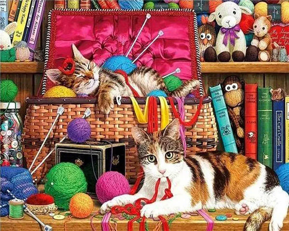 Broderie diamant Chats joueurs - Scène féline pleine de vie en kit complet