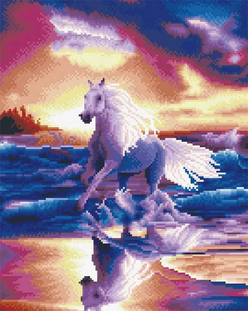 Broderie diamant Cheval galopant en bord de mer
