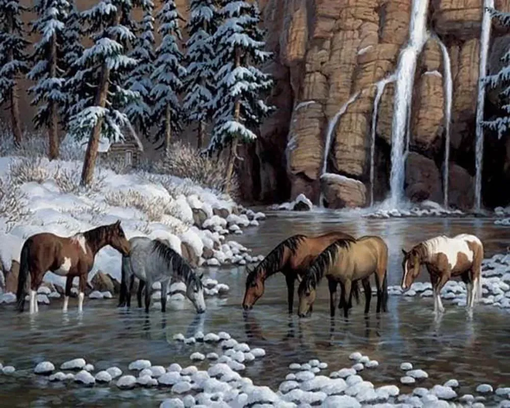 Broderie diamant chevaux dans la rivière - Paysage animalier scintillant