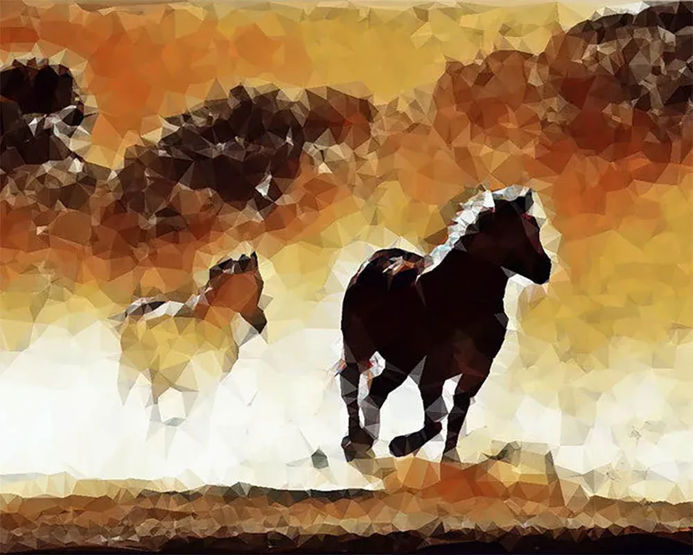 Broderie diamant chevaux en mouvement - Scène dynamique animalière