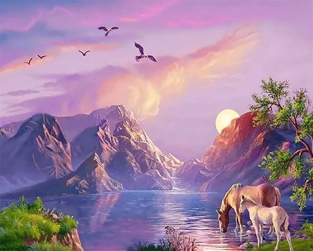 Broderie diamant chevaux se désaltérant - Scène naturelle et apaisante