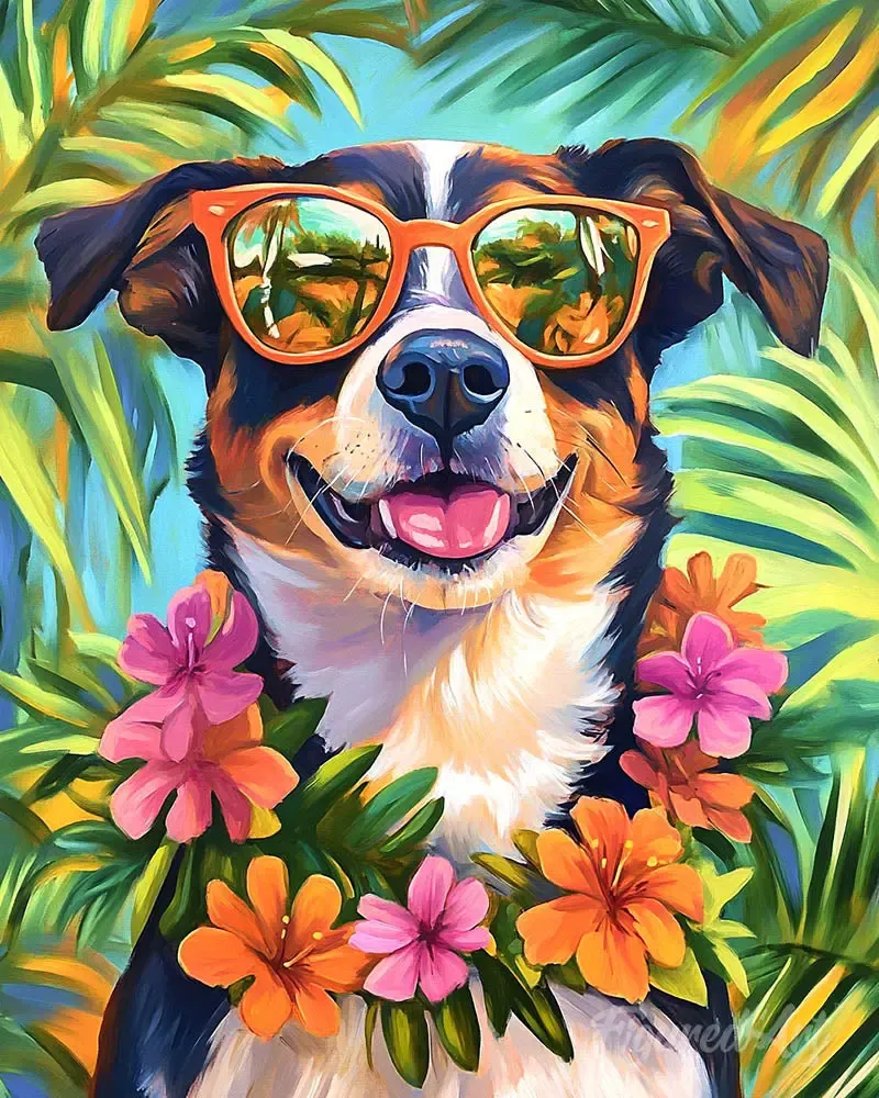 Broderie diamant chien tropical en vacances - Mille Facettes