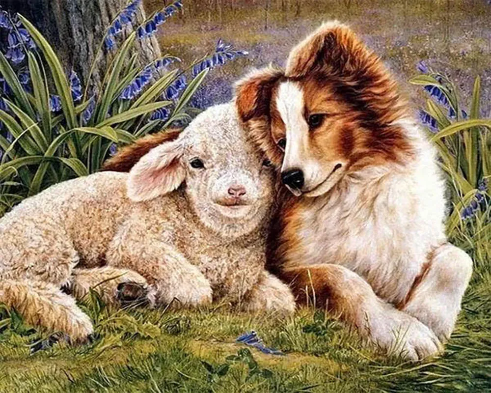Broderie diamant Chien et Agneau - Duo tendre et poétique en diamants