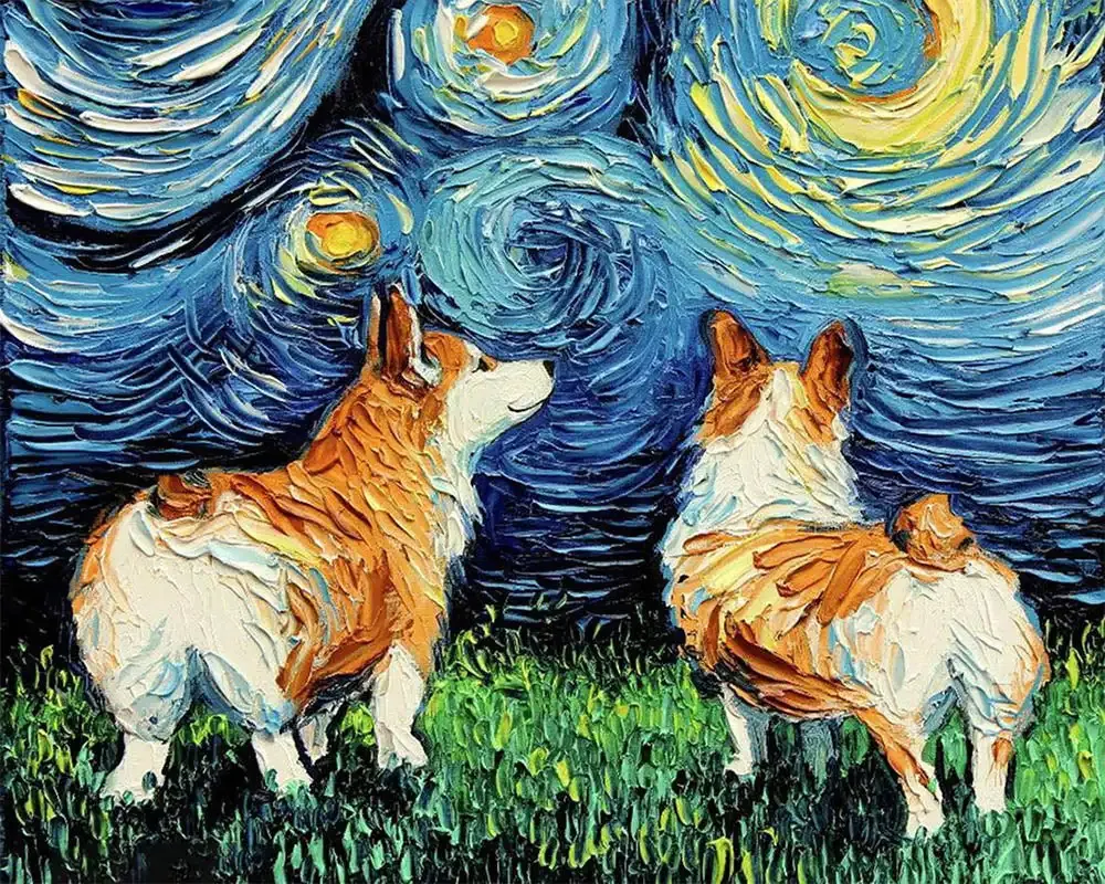 Broderie diamant Chien et Ciel étoilé - Paysage nocturne poétique