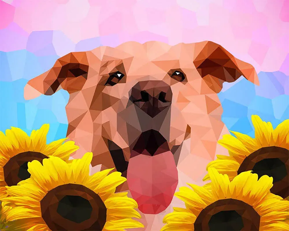 Broderie diamant chien et fleurs en polygon art sur châssis 40x50 cm