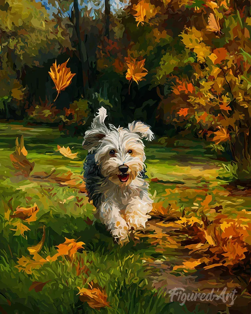 Broderie diamant Chiot joyeux en automne