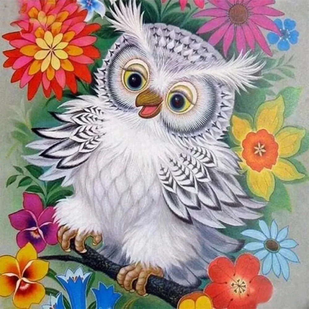 Broderie diamant Chouette et Fleurs