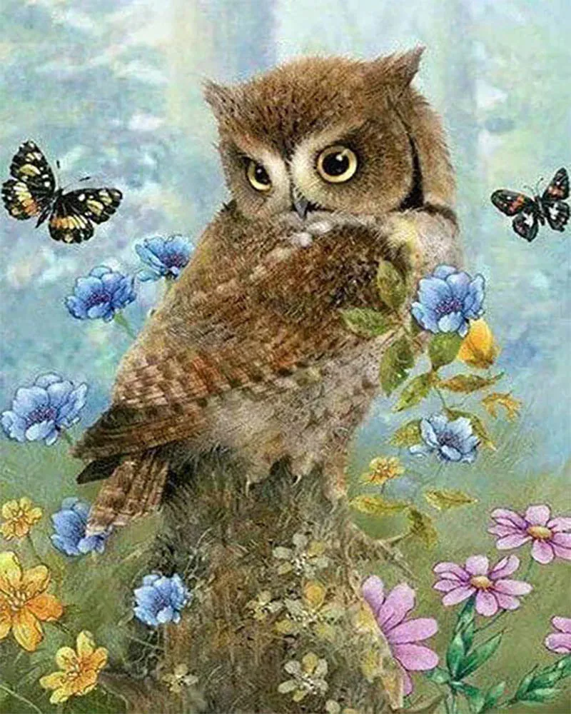 Broderie diamant Chouette et Papillons - Kit animaux scintillants