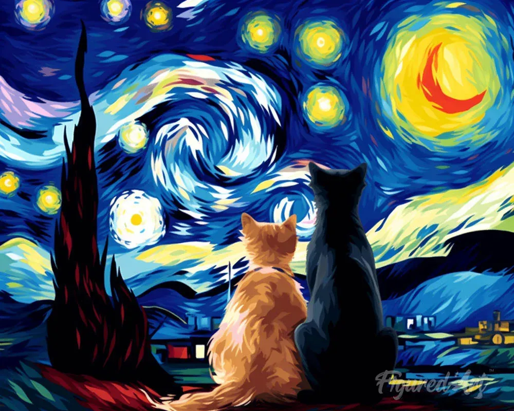 Broderie diamant chat - Compagnons sous une nuit étoilée