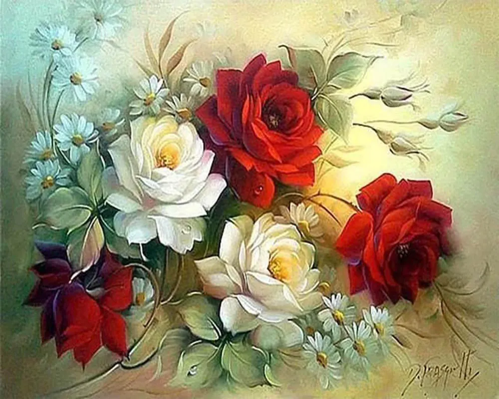 Broderie diamant Composition florale rouge et blanche