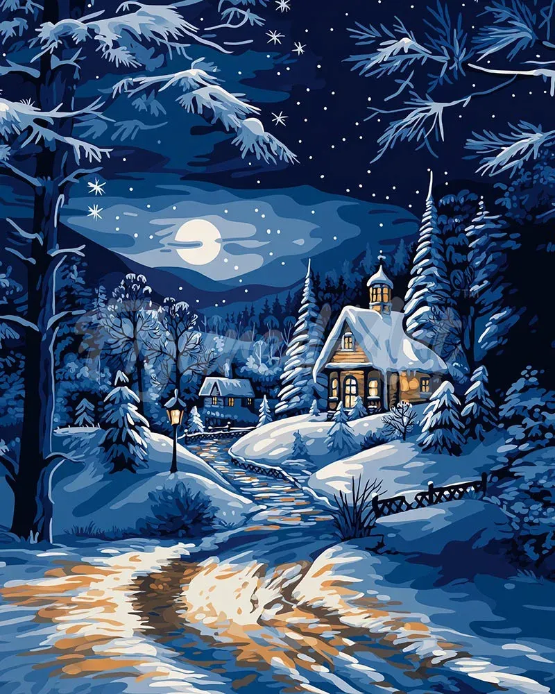 Broderie diamant Cottage d'Hiver au Clair de Lune
